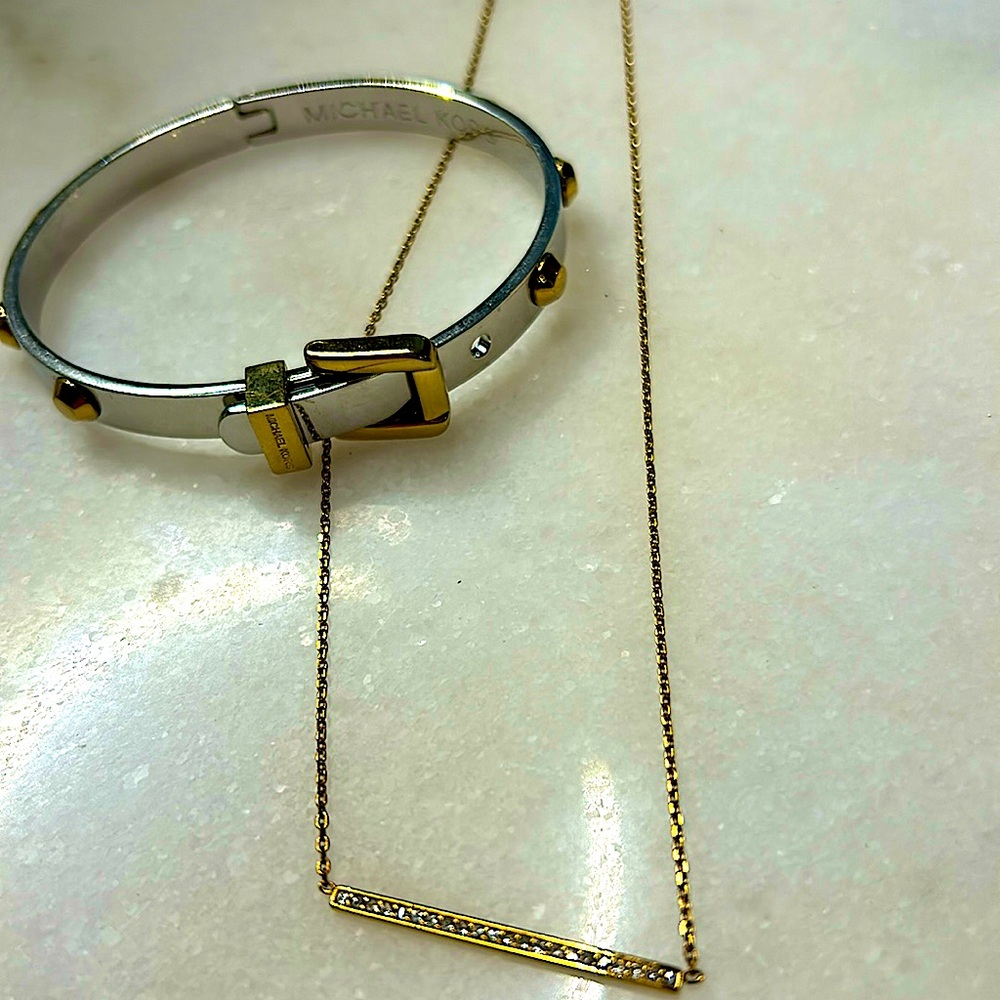 Michael Kors belt buckle to tone bracelet and Michael Kors CZ Bar pendant .